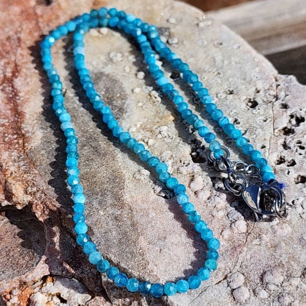 Blue Apatite tiny stone beaded necklace. Very dainty! Perfect for layering!
